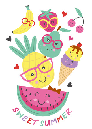 poster with cute ice cream and fruitsのイラスト素材