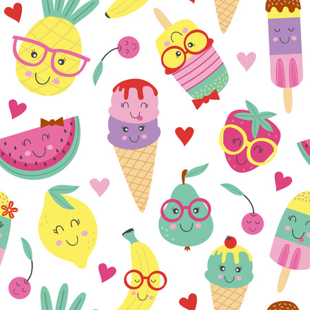 seamless pattern with cute ice cream and fruitsのイラスト素材
