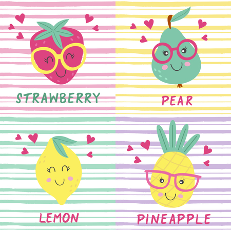 set of posters with cute fruits - vector illustration, epsのイラスト素材