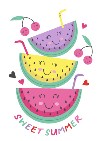 poster with cute watermelon - vector illustration, epsのイラスト素材