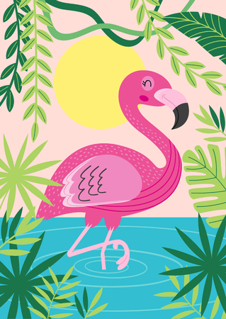 pink flamingo in tropical nature - vector illustration, epsのイラスト素材