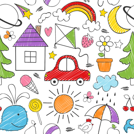 coloring seamless pattern with kids drawingsのイラスト素材