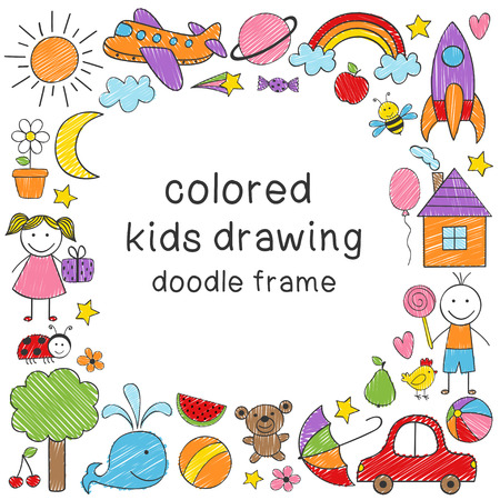 frame with colored kids drawingのイラスト素材