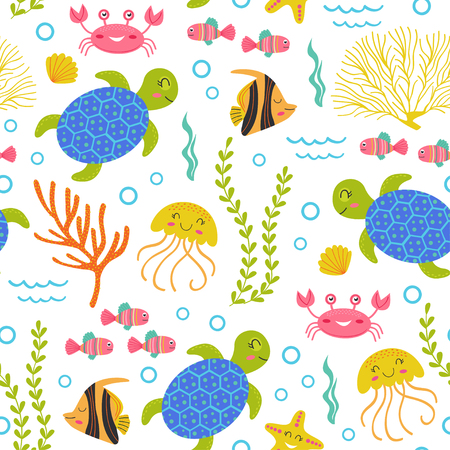 seamless pattern with turtle and other marine animalsのイラスト素材