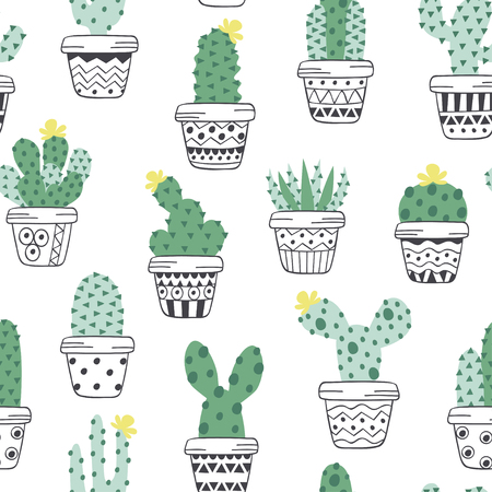 seamless pattern with cactus in pots scandinavian styleのイラスト素材