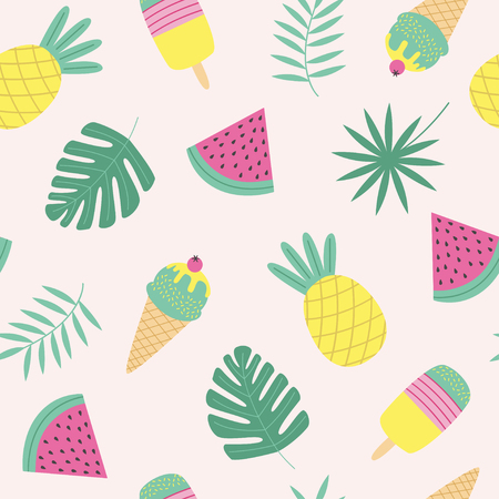 seamless pattern with ice cream, fruit, tropical leafのイラスト素材