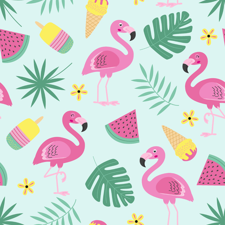 seamless pattern with flamingo, ice cream, fruit, tropical leafのイラスト素材