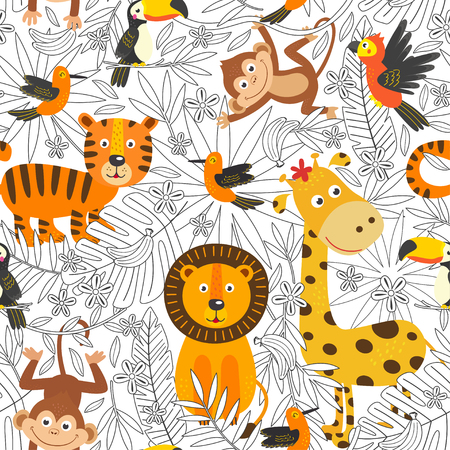 seamless pattern with coloring tropical animalsのイラスト素材