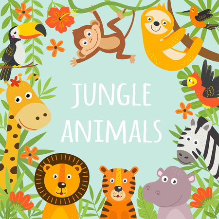 frame with tropical animals and plantsのイラスト素材
