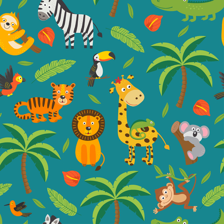 seamless pattern with jungle animals and tropical plantsのイラスト素材