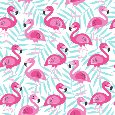 seamless pattern with pink flamingo and blue tropical leafのイラスト素材