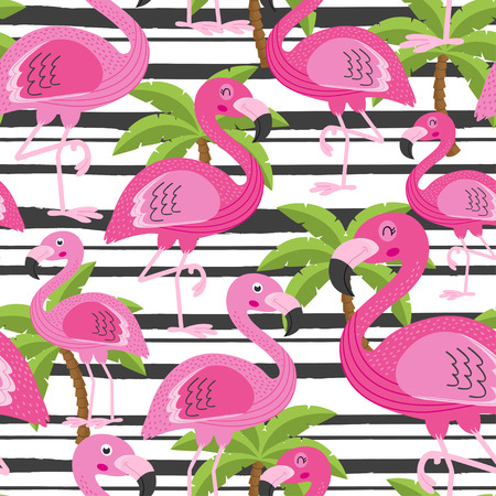 seamless pattern with flamingo and tree palmのイラスト素材
