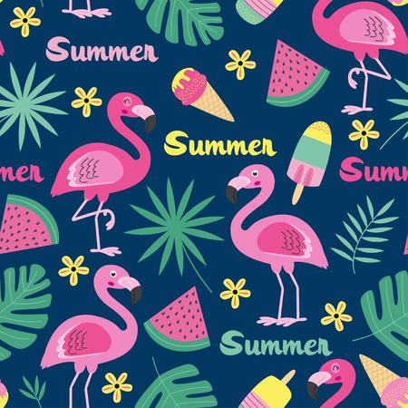 seamless pattern with flamingo, ice cream, watermelon, tropical leafのイラスト素材