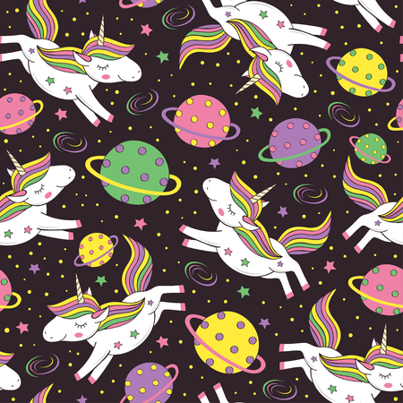 seamless pattern with unicorn in space - vector illustrationのイラスト素材