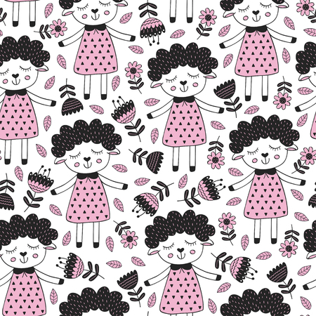 seamless pattern with sheep girl and flower in Scandinavian style - vector illustrationのイラスト素材