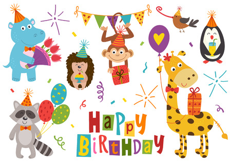 set of isolated funny animals for happy birthday design  - vector illustrationのイラスト素材