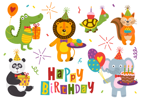 set of isolated funny animals for happy birthday design  - vector illustrationのイラスト素材