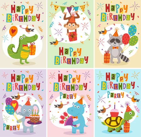 set of greeting cards Happy Birthday with funny animals - vector illustrationのイラスト素材