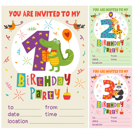 Happy Birthday invitation card with funny animals from 1 to 3 - vector illustrationのイラスト素材