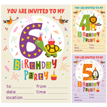 Happy Birthday invitation card with funny animals from 4 to 6 - vector illustrationのイラスト素材