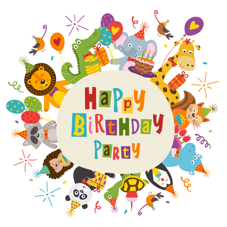frame Happy Birthday with funny animals - vector illustrationのイラスト素材