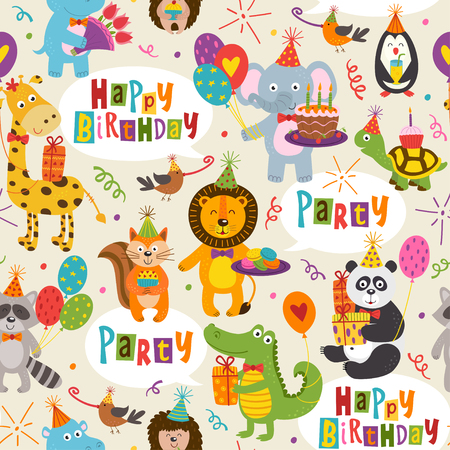 Seamless pattern with funny animals Happy Birthday - vector illustrationのイラスト素材