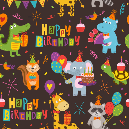 seamless pattern with funny animals Happy Birthday on a black background - vector illustrationのイラスト素材