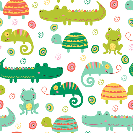 seamless pattern with colorful reptile and amphibian - vector illustrationのイラスト素材