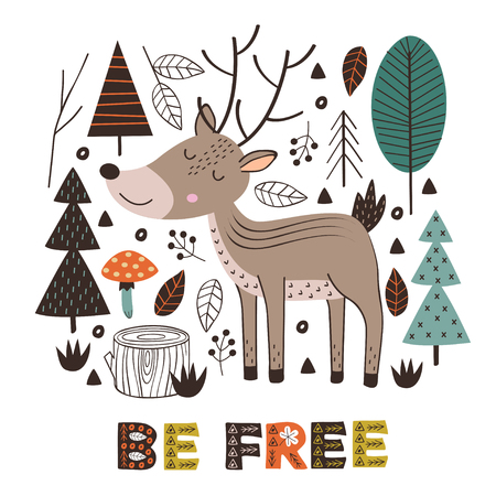 poster deer in forest Scandinavian style - vector illustrationのイラスト素材
