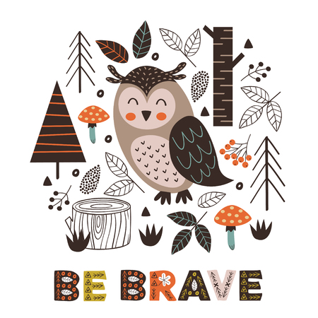 poster owl in forest Scandinavian style - vector illustrationのイラスト素材