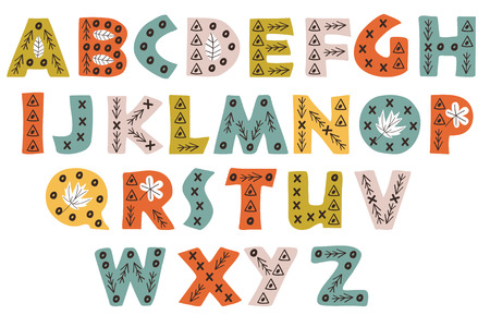 decorative color forest alphabet in Scandinavian style - vector illustrationのイラスト素材