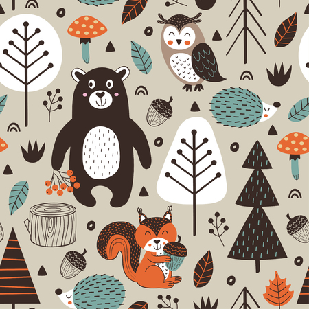 Seamless pattern with forest animals on beige background Scandinavian style - vector illustrationのイラスト素材