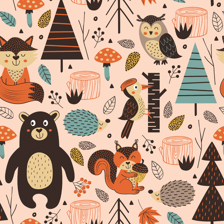 Forest animals Scandinavian style - vector illustrationのイラスト素材