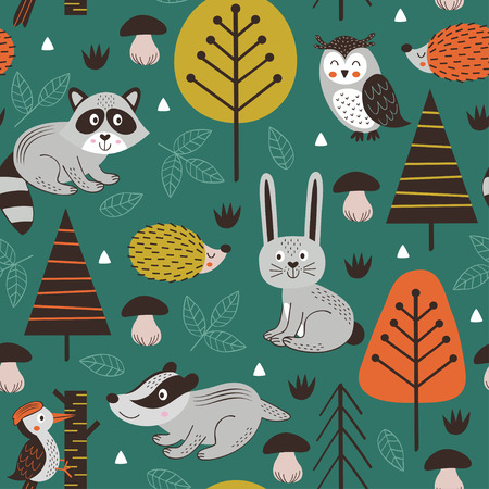 Seamless pattern with forest animals on green background Scandinavian style - vector illustrationのイラスト素材