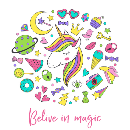 magic unicorn and collection cute stickers - vector illustrationのイラスト素材