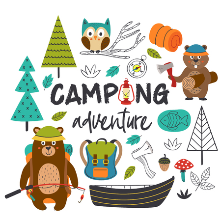 camping adventure with animals - vector illustrationのイラスト素材