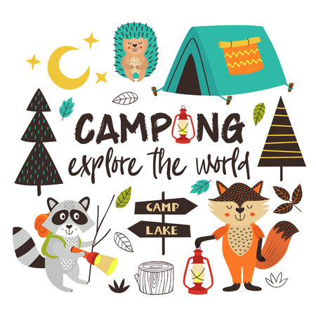 camping animals explore the world - vector illustration