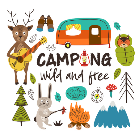 camping with animals in the forest - vector illustrationのイラスト素材