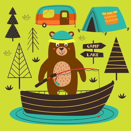 poster bear is fishing on the lake - vector illustrationのイラスト素材