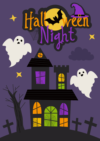 Halloween night card design with castle and ghosts - vector illustrationのイラスト素材