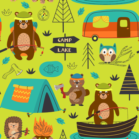 camping seamless pattern with animals on the lake - vector illustrationのイラスト素材