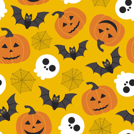 orange seamless Halloween pattern with skull, pumpkin, bat - vector illustrationのイラスト素材