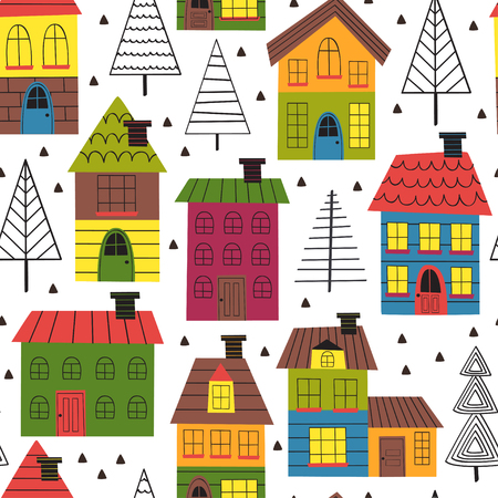 seamless pattern with houses and spruces - vector illustrationのイラスト素材