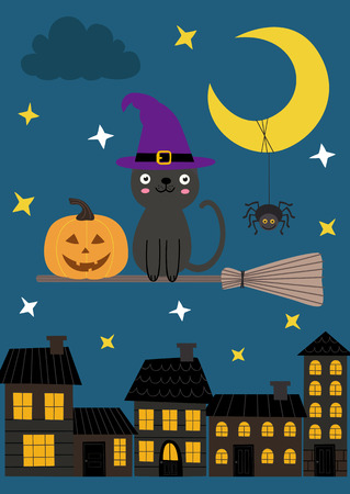 card with cat is flying over the townのイラスト素材