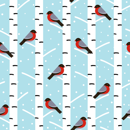 bullfinches on the birch - vector illustrationのイラスト素材