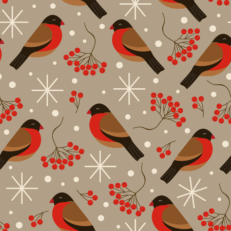 seamless brown pattern with bullfinches and rowan - vector illustrationのイラスト素材