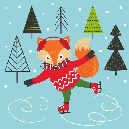 fox on ice skates - vector illustrationのイラスト素材