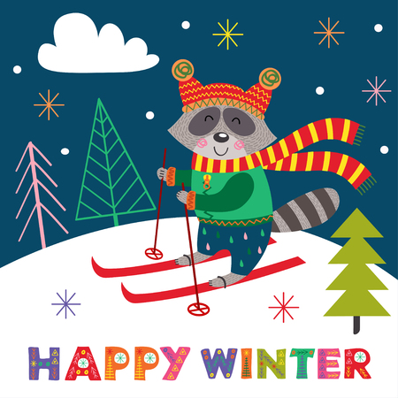 winter poster with skiing raccoon - vector illustrationのイラスト素材