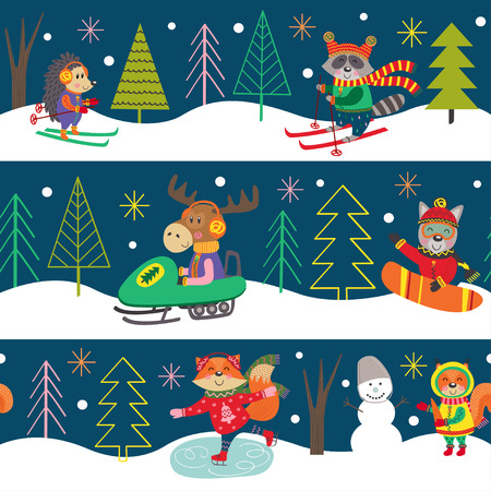 winter pattern with fun animals - vector illustrationのイラスト素材