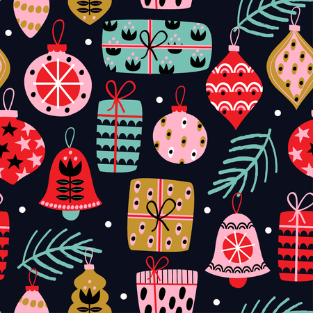 Christmas decorations on black backgroundのイラスト素材